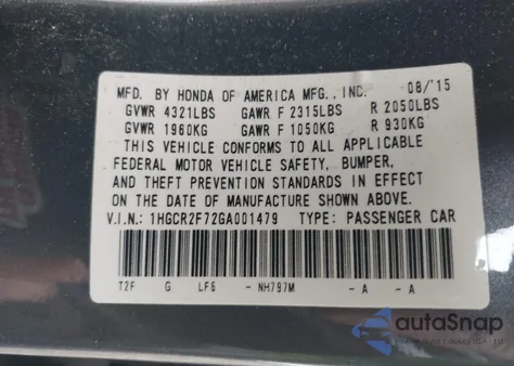 2016 Honda Accord Ex из США, поврежденный, VIN 1HGCR2F72GA001479